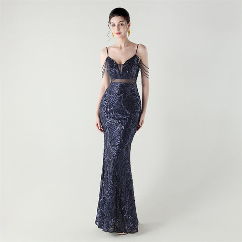 Graceful Sequin Embellished Mesh Mermaid Maxi Dress